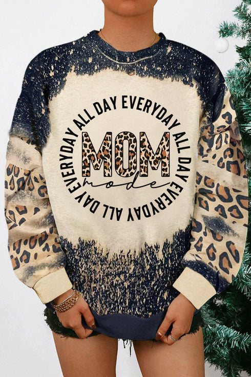 Black Mom Letter Graphic Print Leopard Bleached Sweatshirt